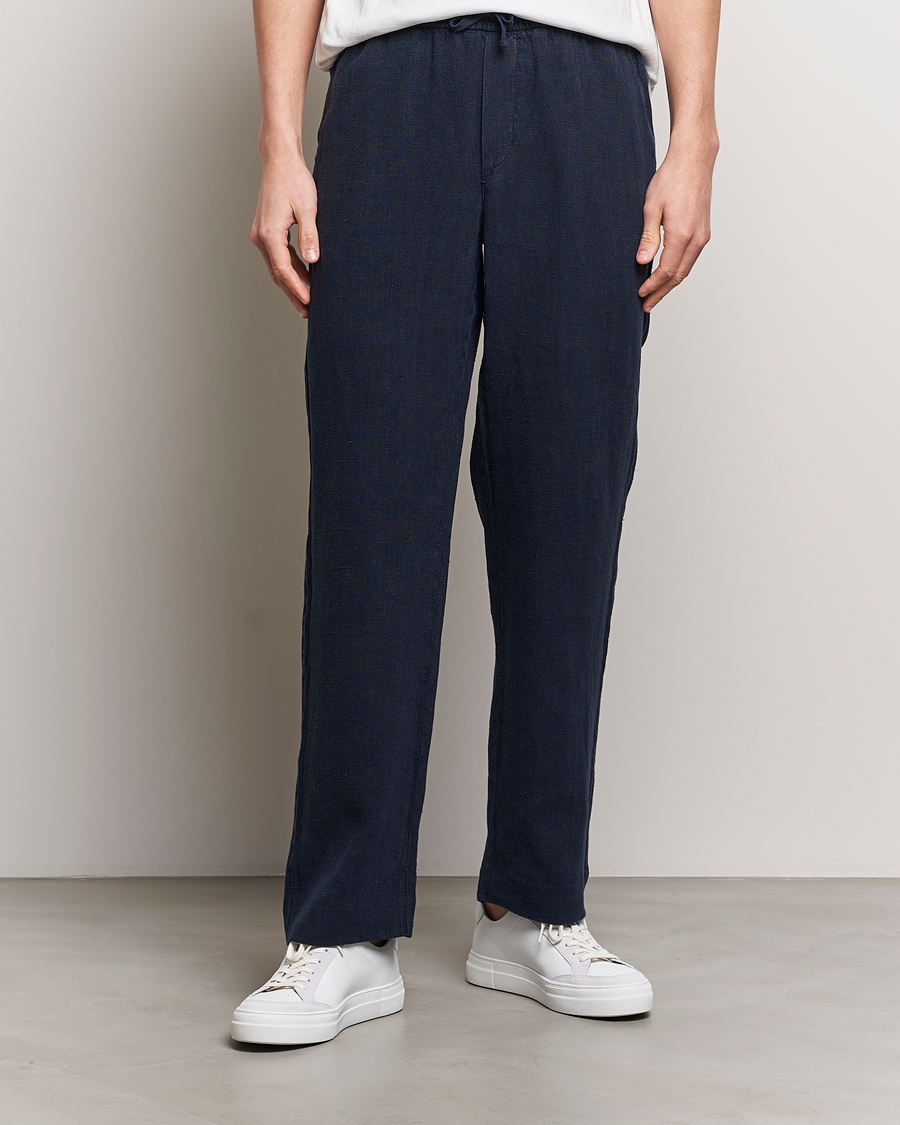 Mies | A Day's March | A Day\'s March | Tamiat Drawstring Linen Trousers Navy