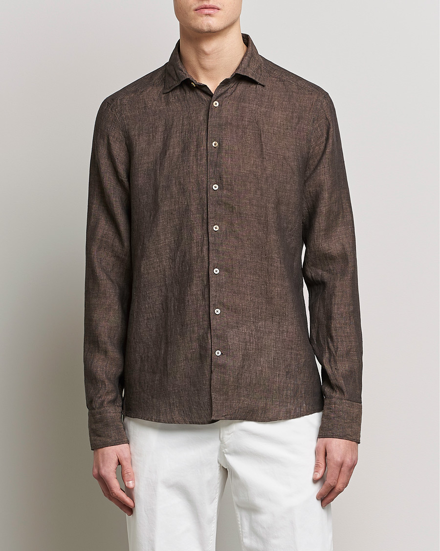 Mies | Business & Beyond | Stenströms | Slimline Cut Away Linen Shirt Dark Brown
