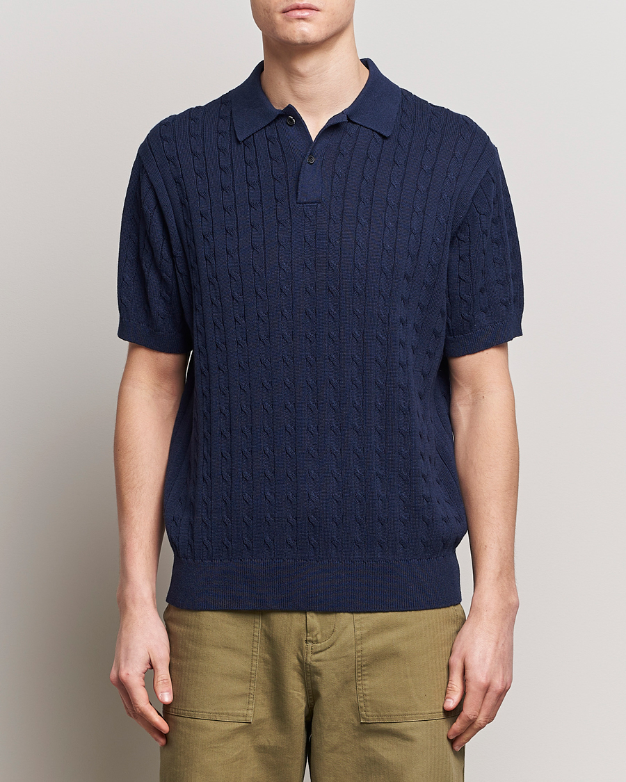 Mies | Japanese Department | BEAMS PLUS | Cable Knit Short Sleeve Polo Navy