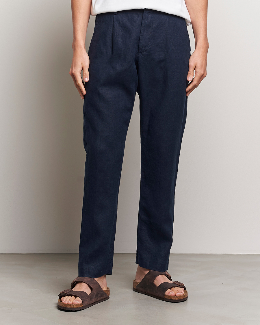 Mies | Vaatteet | NN07 | Bill Pleated Linen Trousers Navy Blue