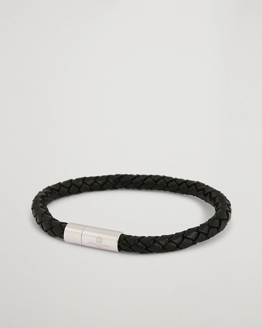 Skultuna One Row Leather Bracelet Black Steel – Musta