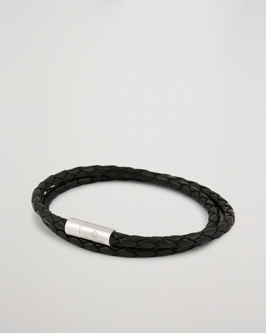 Skultuna Two Row Leather Bracelet Black Steel – Musta