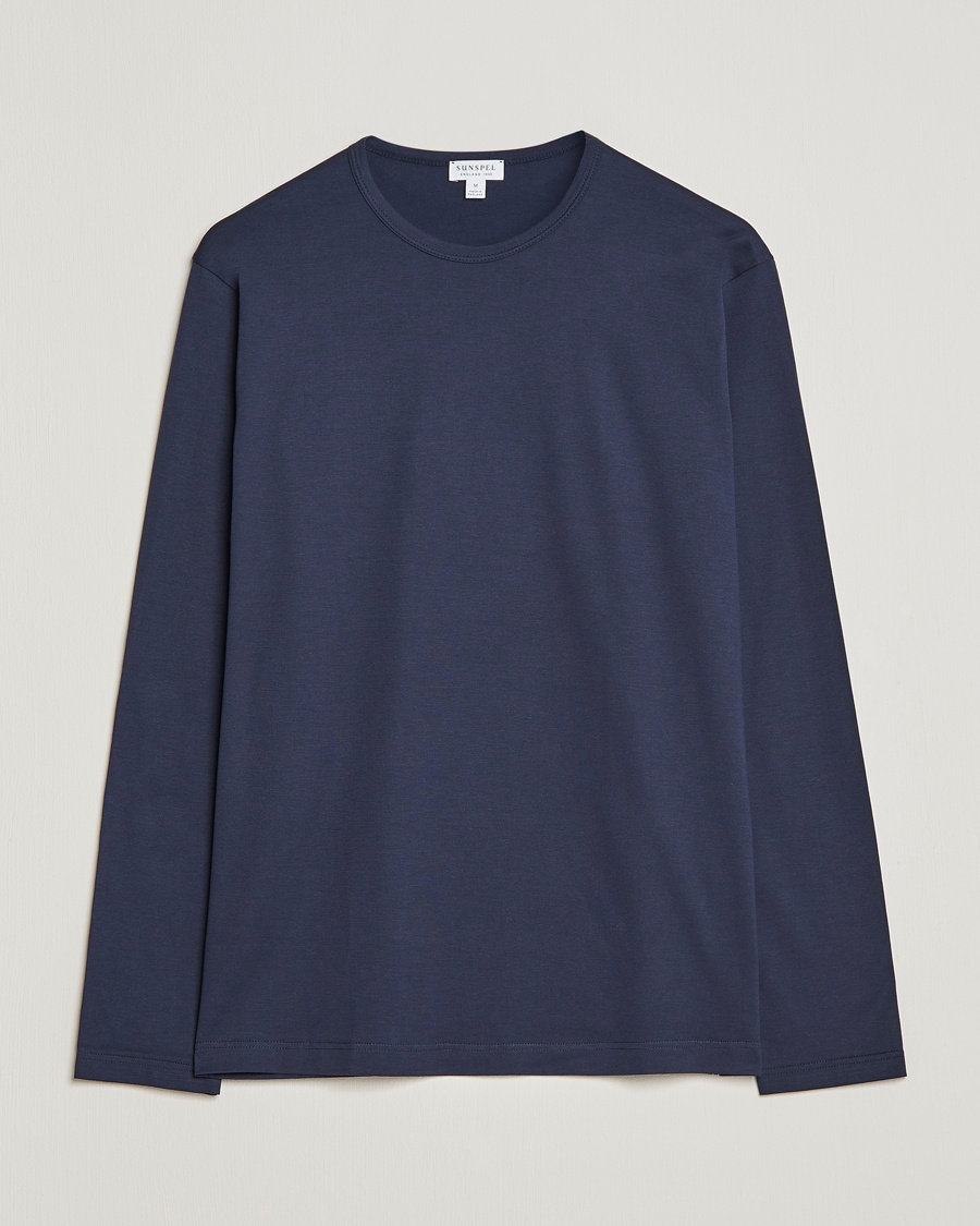 Sunspel Long Sleeve Crew Neck Cotton Tee Navy – Sininen