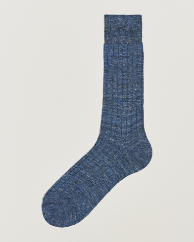 Mies | Varrelliset sukat | Bresciani | Linen Ribbed Short Socks Blue Melange