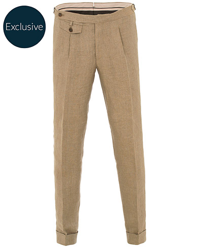  Jason Pleated Turn Up Linen Trousers Camel