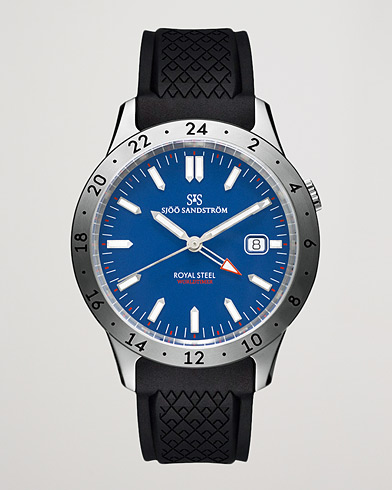 Mies | Fine watches | Sjöö Sandström | Royal Steel Worldtimer 41mm Blue with Rubber