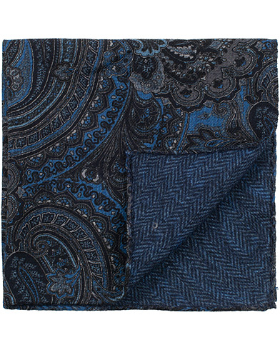  Wool Doublefaced Printed Paisley Pocket Square Blue