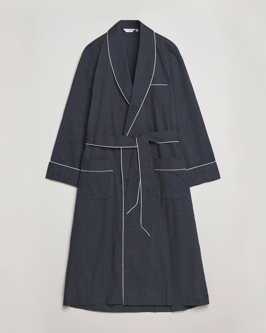 Derek Rose Polka Dot Cotton Satin Dressing Gown Navy – Sininen