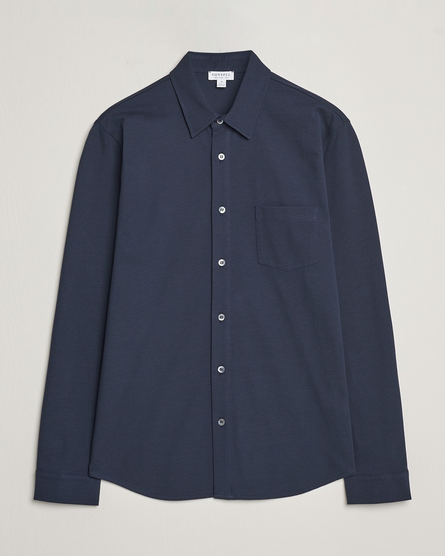 Sunspel Long Sleeve Button Down Pique Shirt Navy – Sininen