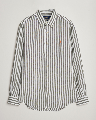  Custom Fit Striped Linen Shirt Olive/White