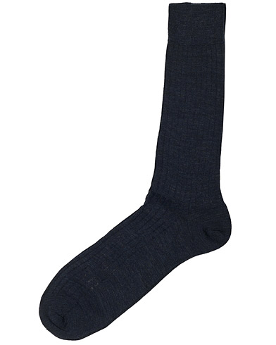 Mies |  | Bresciani | Wool/Nylon Ribbed Short Socks Blue Melange