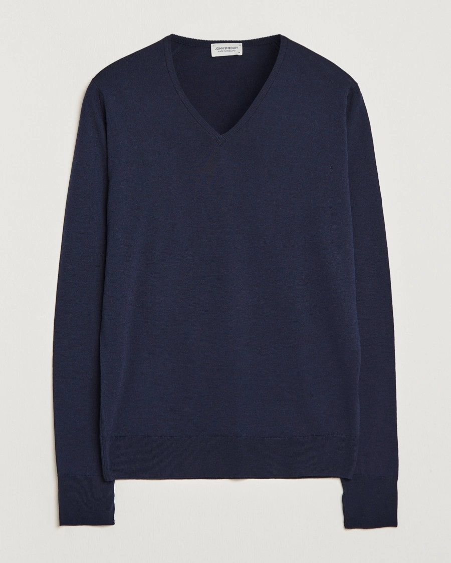John Smedley Bobby Extra Fine Merino V-Neck Pullover Midnight – Sininen