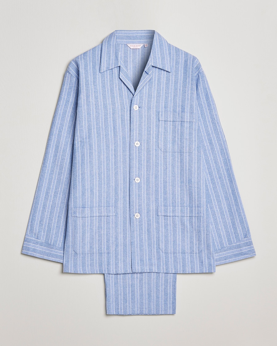 Derek Rose Brushed Cotton Flannel Striped Pyjama Set Blue – Sininen