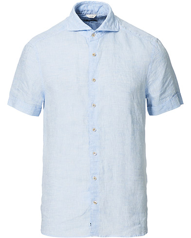 Miehet | Kauluspaita | Stenströms | Slimline Short Sleeve Linen Shirt Light Blue