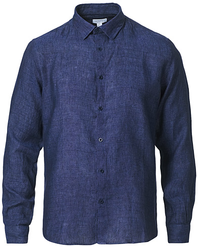 Mies |  | Sunspel | Linen Casual Shirt Navy Melange