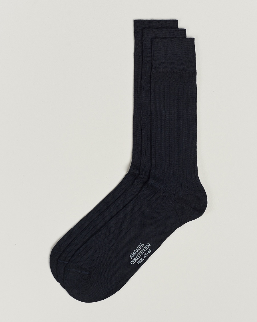 Amanda Christensen 3-Pack True Cotton Ribbed Socks Dark Navy – Sininen