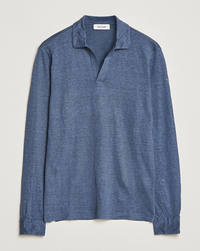 Mies |  | Gran Sasso | Washed Linen Long Sleeve Polo Blue Melange