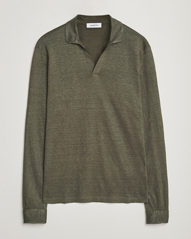 Mies |  | Gran Sasso | Washed Linen Long Sleeve Polo Dark Green