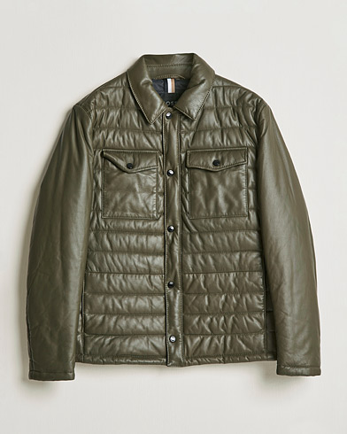 Mies | Nahkatakit | BOSS | Milted Padded Leather Jacket Open Green