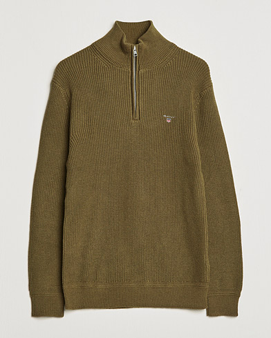 Mies | Puserot | GANT | Cotton/Wool Ribbed Half Zip Sweater Army Green