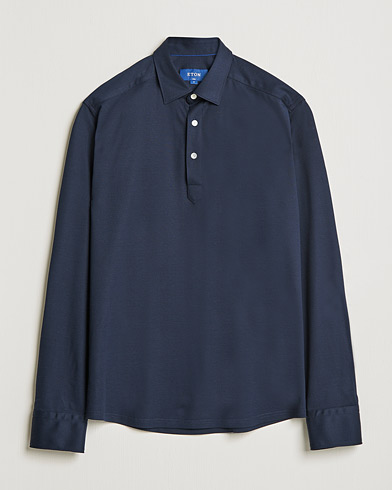 Mies | Pikeet | Eton | Slim Fit Cotton Piqué Popover Shirt  Navy