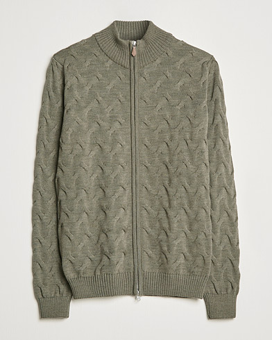 Mies |  | Stenströms | Heavy Cable Merino Full Zip Cardigan Olive
