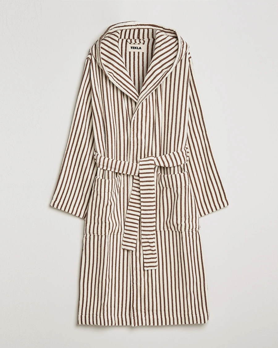Tekla Organic Terry Hooded Bathrobe Kodiak Stripes – Ruskea