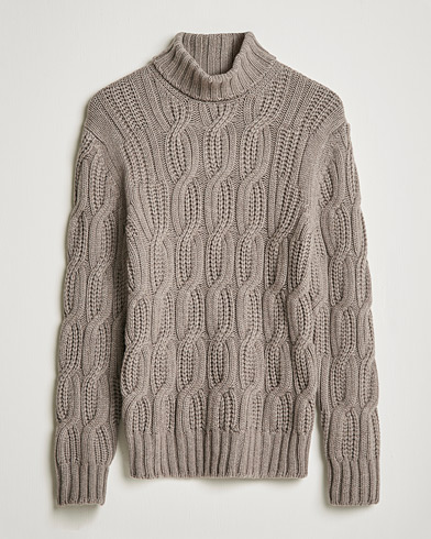 Mies | Puserot | Gran Sasso | Cable Knitted Wool/Cashmere Roll Neck Brown