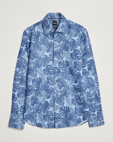 Mies | Rennot paidat | BOSS BLACK | Hal Cotton/Linen Flower Shirt Open Blue