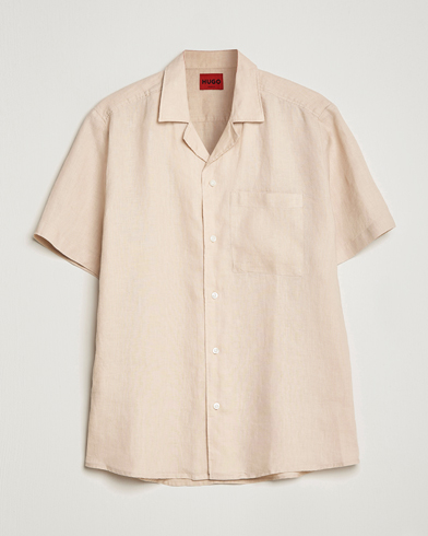 Mies |  | HUGO | Ellino Linen Resort Collar Short Sleeve Shirt Beige