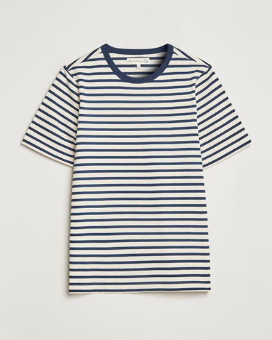Mies | Merz b. Schwanen | Merz b. Schwanen | Relaxed Loopwheeled Striped T-Shirt Ink Blue/Nature