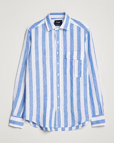 Mies | Oxford-paidat | Drake's | Broad Stripe Linen Spread Collar Shirt Blue