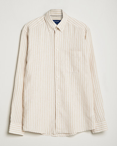 Mies | Pellavapaidat | Eton | Slim Fit Striped Linen Shirt Brown