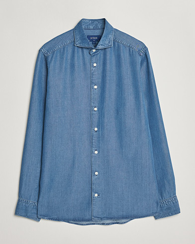 Mies | Farkkupaidat | Eton | Light Denim Tencel Shirt Navy Blue