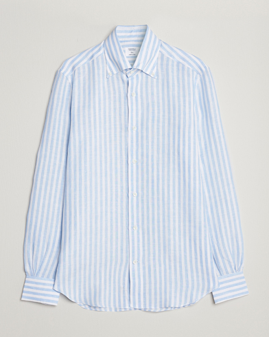 Mies |  | Mazzarelli | Soft Linen Button Down Shirt Light Blue Stripe