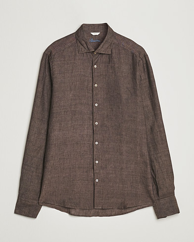 Mies |  | Stenströms | Slimline Cut Away Linen Shirt Dark Brown