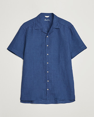 Mies |  | Stenströms | Slimline Short Sleeve Resort Linen Shirt Blue