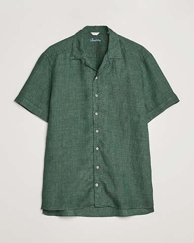 Mies |  | Stenströms | Slimline Short Sleeve Resort Linen Shirt Dark Green