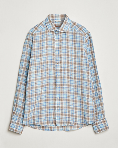 Mies |  | Stenströms | Slimline Cut Away Checked Linen Shirt Blue/Beige