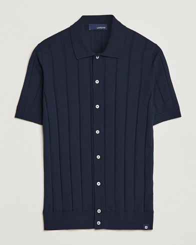Mies | Lardini | Lardini | Short Sleeve Knitted Cotton Crèpe Shirt Navy