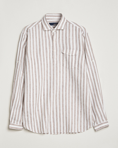 Mies | Pellavapaidat | Lardini | Relaxed Striped Linen Popover Shirt Brown/White