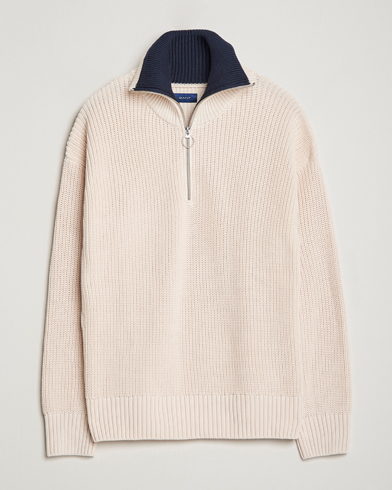 Mies | GANT | GANT | Chunky Ribbed Knitted Half-Zip Linen White
