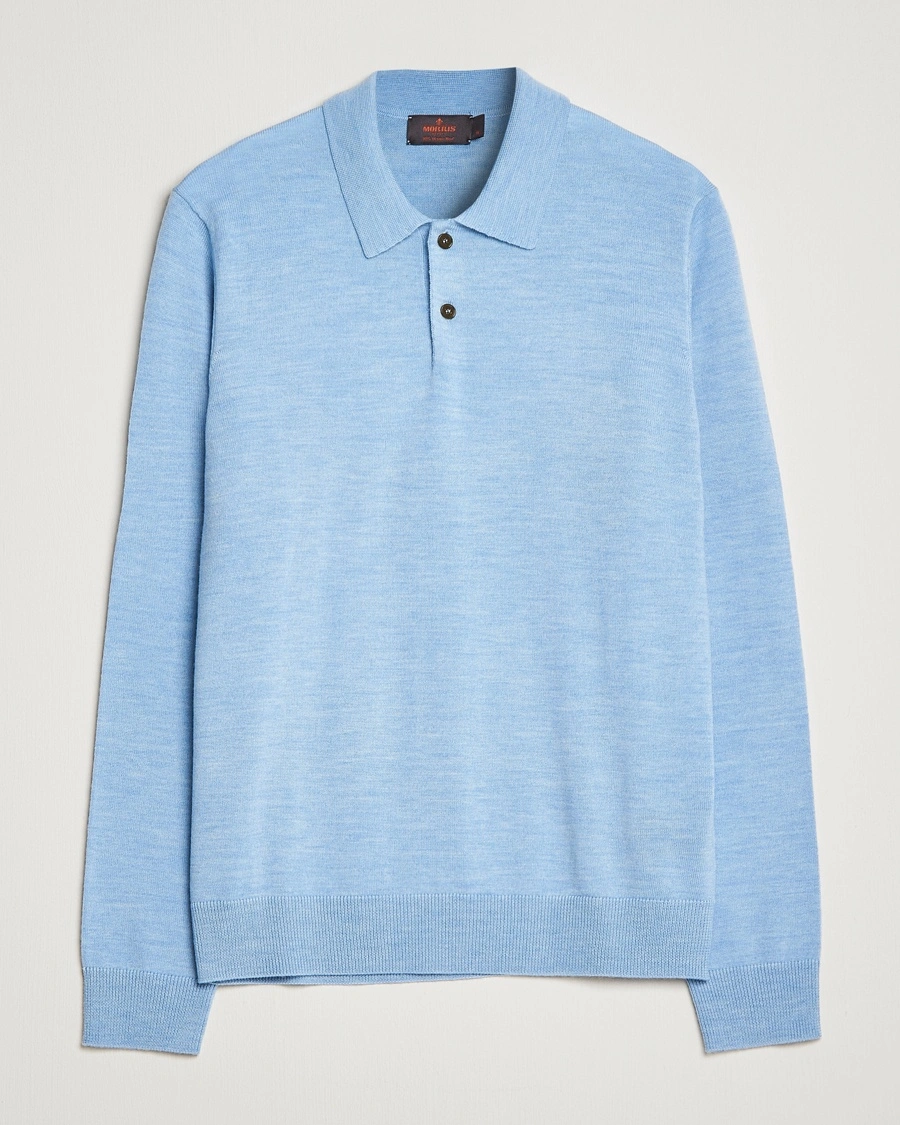 Morris Merino Knitted Polo Light Blue – Sininen