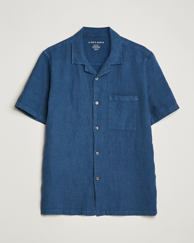 Mies | Kauluspaidat | A Day's March | Yamu Short Sleeve Linen Shirt Indigo Blue