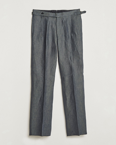 Mies | Pellavahousut | Beams F | Pleated Linen Trousers Petroleum Blue