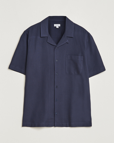 Mies |  | Sunspel | Waffle Camp Collar Shirt Navy