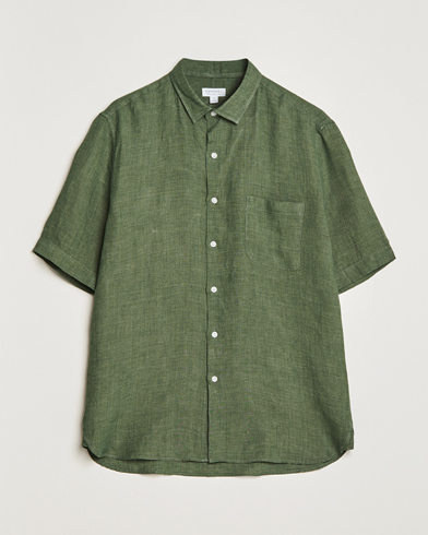 Mies |  | Sunspel | Short Sleeve Linen Shirt Hunter Green