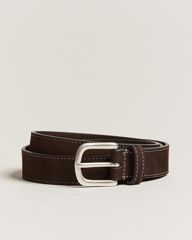 Mies | Vyöt | Anderson's | Slim Stitched Nubuck Leather Belt 2,5 cm Dark Brown