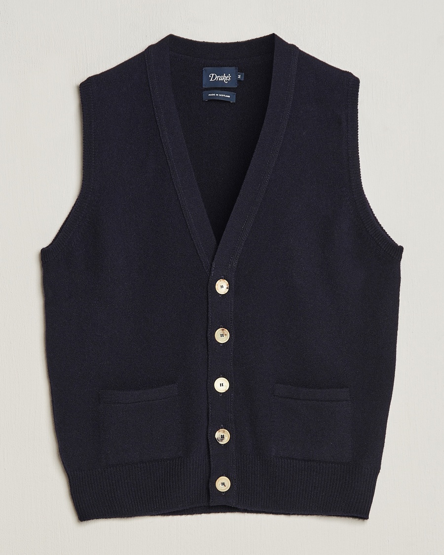 Drake's Lambswool Vest Cardigan Navy – Sininen