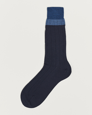 Mies | Bresciani | Bresciani | Wide Ribbed Block Stripe Wool Socks Navy